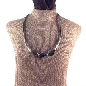 Multi Strand Black Cord Choker Necklace with Black Stones 17”